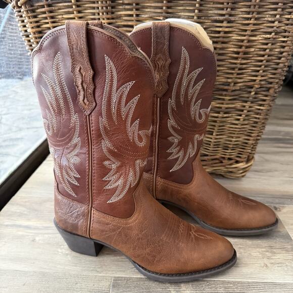 Palitutu Brown Leather Western Cowboy Boots Women’s 7.5 Floral Stitch Pull-On - Picture 1 of 7